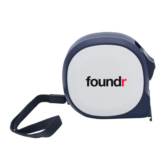 A navy tape measure with a white body and a wrist strap, featuring a small logo.