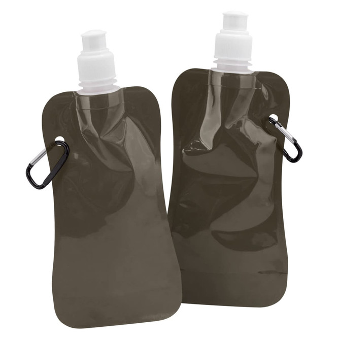 A drink bottle in olive green with a screw cap and a carabiner for easy attachment. It has a logo on the side.