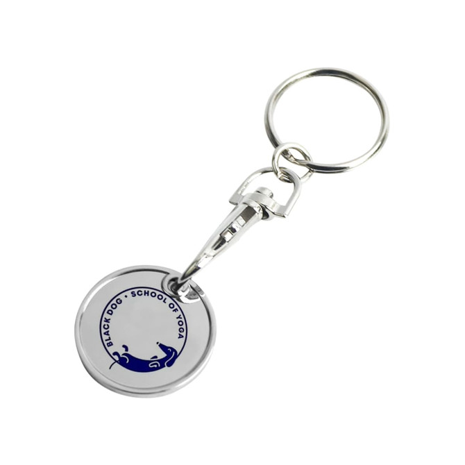 A silver keyring featuring a printed circular coin with a branded design.