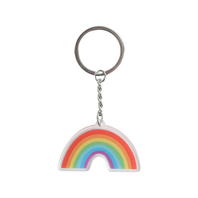 A rainbow-shaped acrylic keyring with vibrant colours and a metal keychain attachment.