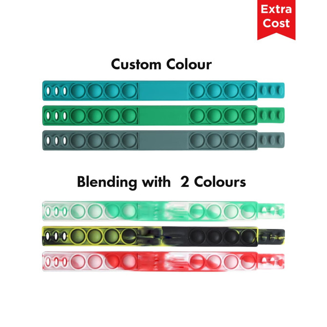 Fidget wristbands in various colours, including teal, green, and red, featuring a logo.