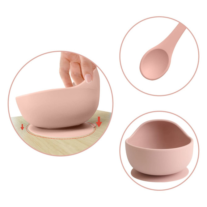 A pink silicone suction bowl with a matching spoon, featuring a suction base for stability.