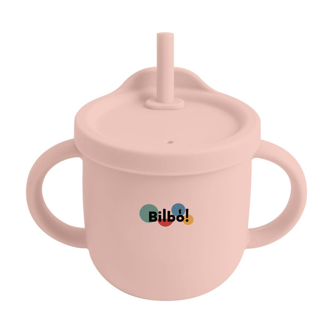 A drink bottle in soft pink silicone with two handles and a straw, featuring a logo on the front.