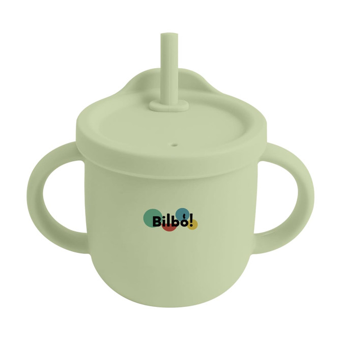 A drink bottle in light green silicone, featuring a lid with a straw and two handles, and a logo on the front.