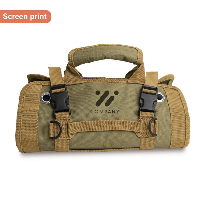 A green tool bag with handles and straps, featuring a logo, designed for easy transport and organisation.