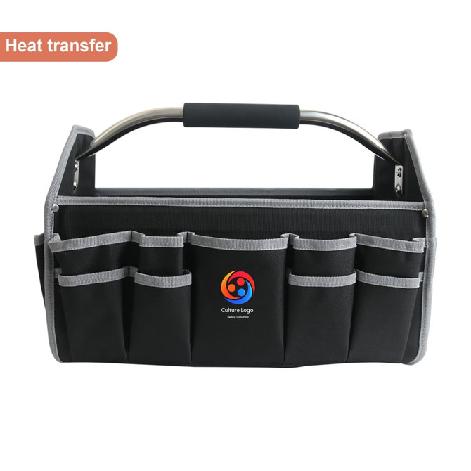 A black tool carrier bag with multiple pockets and a silver handle, featuring a logo on the front.