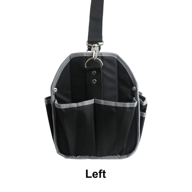 A black tool carrier bag with grey trim and multiple pockets, featuring a shoulder strap and a metal ring.