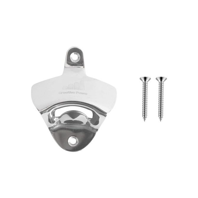 A drink bottle opener in shiny silver with two screws for mounting. Features a logo on the surface.