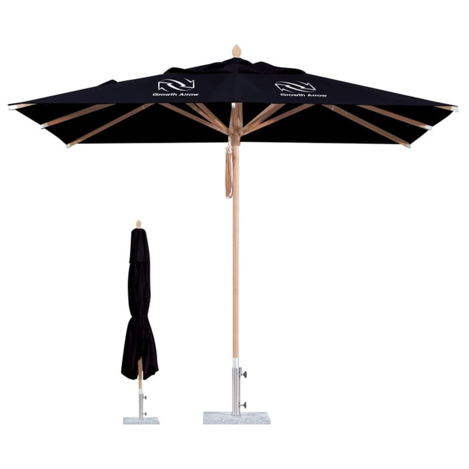 A 2x2m wind-resistant square outdoor umbrella in black with a wooden frame and a base, displayed alongside a folded version.