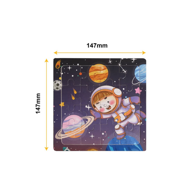 A wooden jigsaw puzzle featuring a smiling astronaut in space, surrounded by colourful planets and stars.