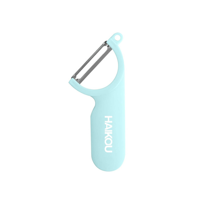 A light blue peeler with a stainless steel blade and a branded handle.
