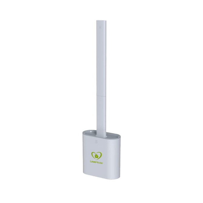 A silicone toilet brush in white, featuring a minimalist design and a holder, with a logo on the base.
