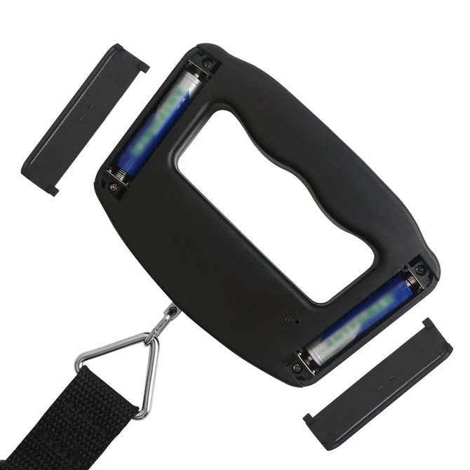 A black luggage scale with a handle and attached hook, featuring removable components.