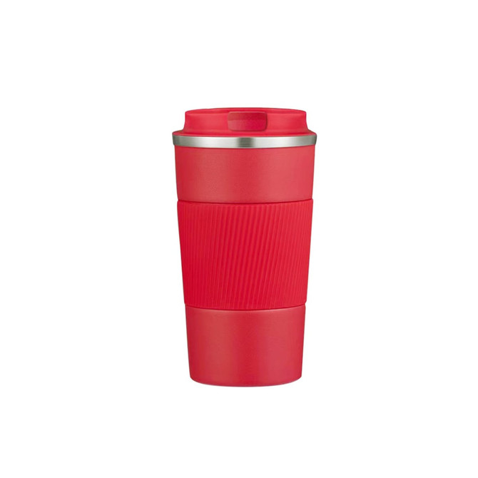 A travel mug in bright red with a ribbed silicone grip and a stainless steel lid. It features a logo.