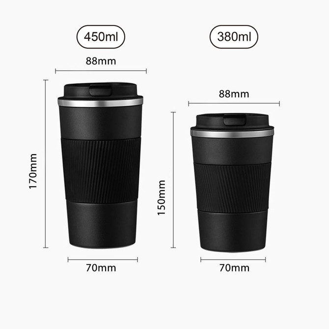 A stainless steel travel coffee mug in black, featuring a ribbed design and a lid. Includes two sizes with specified dimensions.
