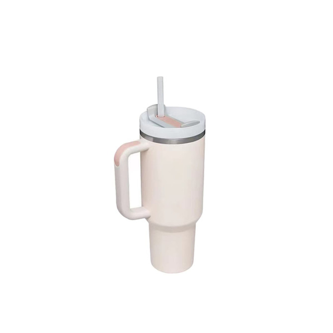 A drink bottle in cream with a grey lid and straw, featuring a handle and a logo.