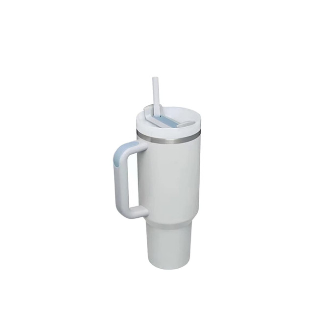 A drink bottle in white with a stainless steel lid, straw, and a handle. It features a logo on the side.