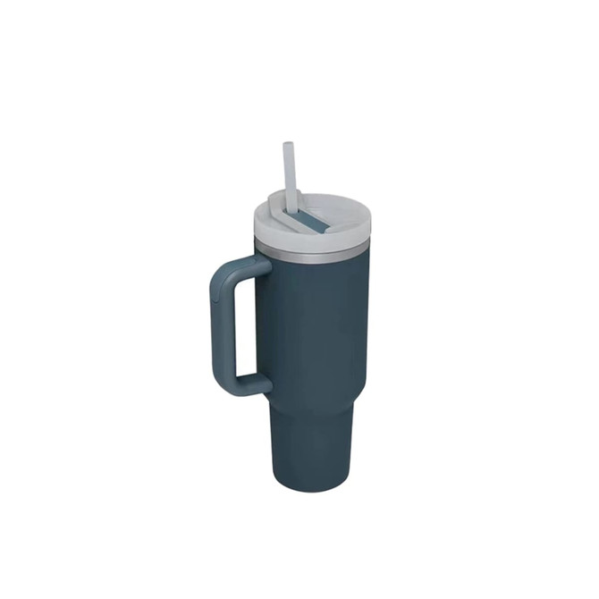 A drink bottle featuring a dark teal body, a grey lid, a straw, and a handle. It also has a logo.