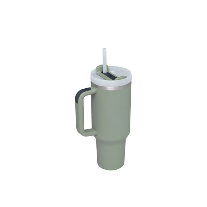 A drink bottle in a matte green finish with a silver lid, straw, and a handle for easy carrying.