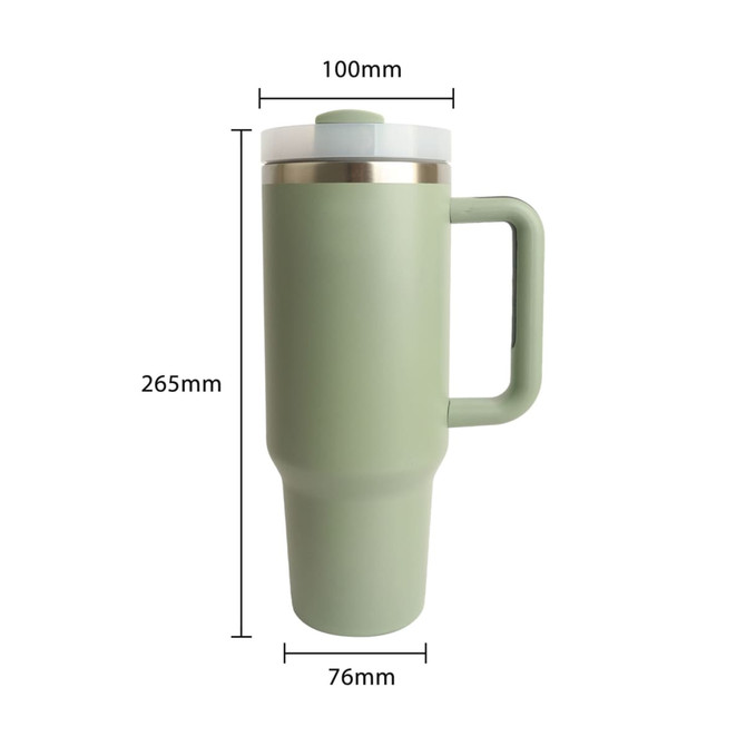 A drink bottle made of green stainless steel with a lid and straw, featuring a handle and measurements displayed.