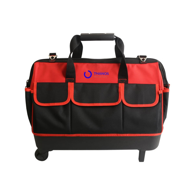 A wheeled tool bag in red and black with multiple exterior pockets and a retractable handle. Features branding.