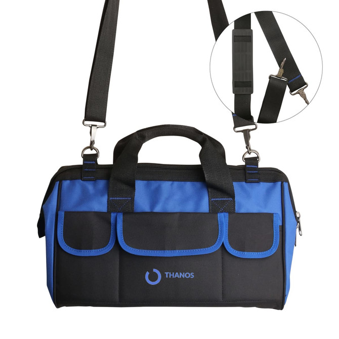 A tool bag in black and blue, featuring multiple pockets and a detachable shoulder strap. Includes a logo.
