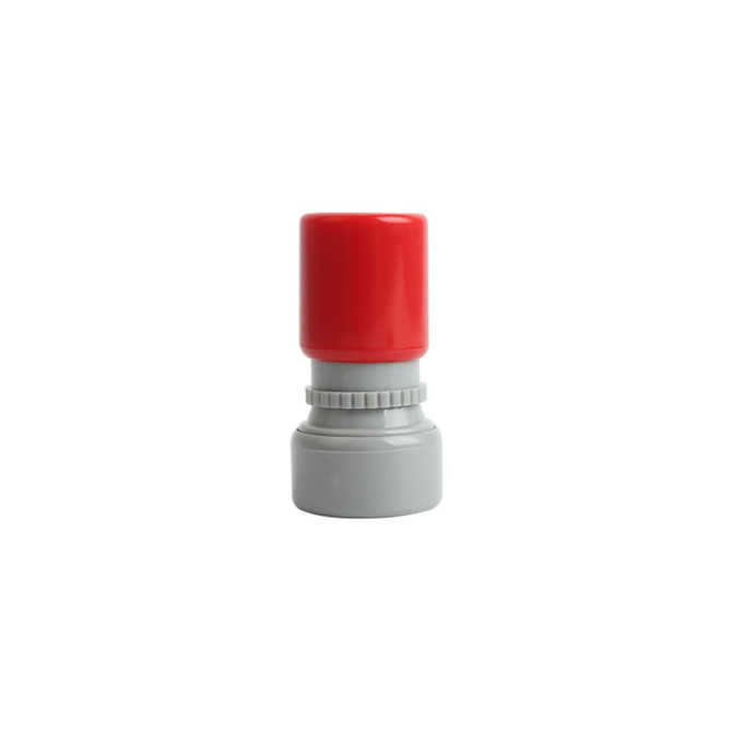 A round stamp featuring a red top and a grey base, designed for various applications.