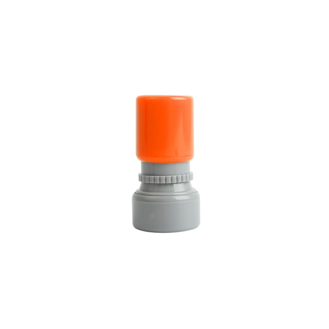 A round stamp with a bright orange top and a grey base, featuring a logo.