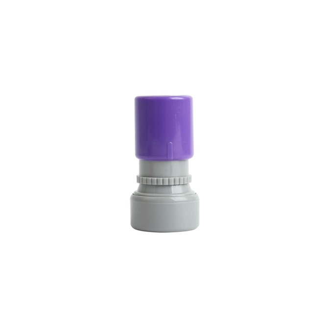 A round stamp with a grey base and a purple cap, featuring a logo on one side.