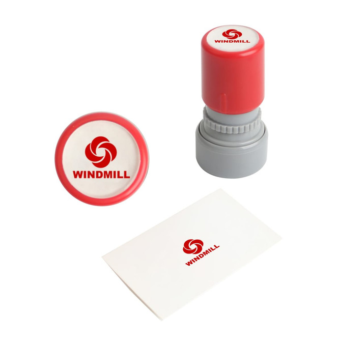A coloured round stamp in red and grey, accompanied by a blank card with a logo.