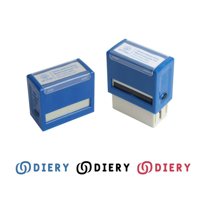 Two blue self-inking rubber stamps with a white stamping surface, featuring a logo on one side.