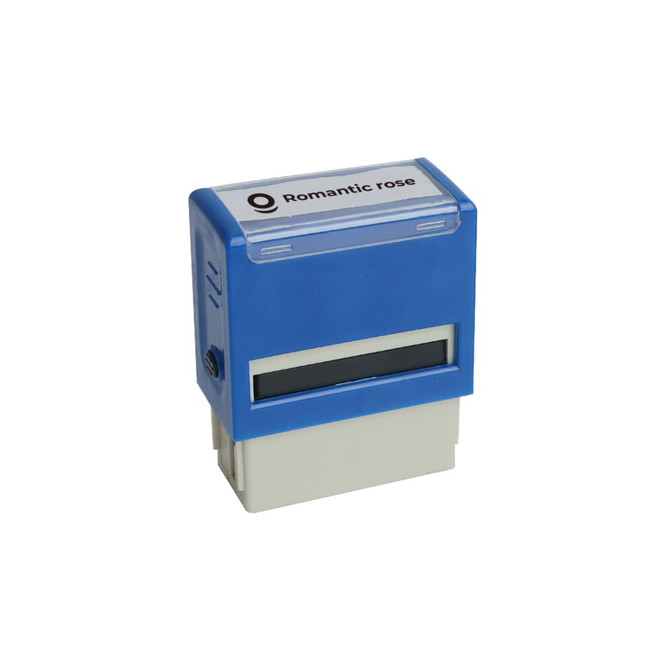 A blue self-inking rubber stamp with a white base, featuring a logo on the top.