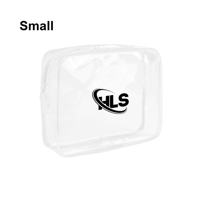 A transparent toiletry bag featuring a logo, with a rectangular shape and zip closure.