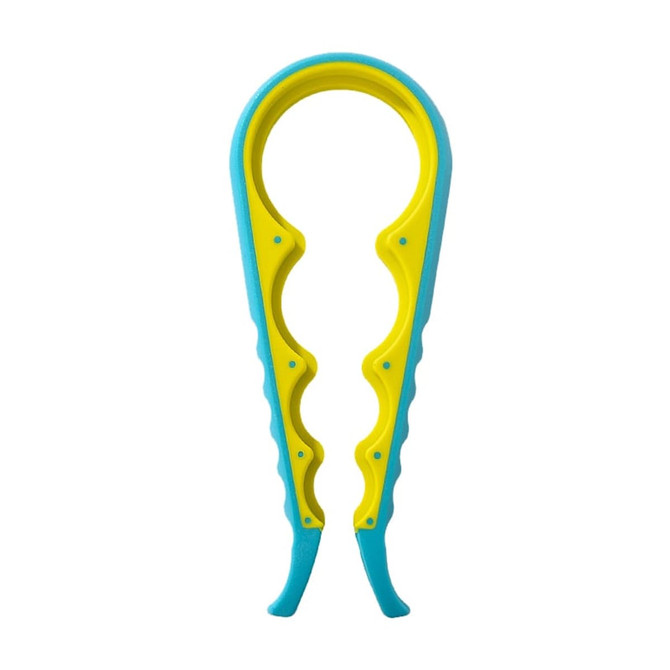 A multi-purpose jar opener in blue and yellow, featuring a textured grip for easy handling.