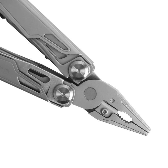 A multi-tool with silver stainless steel finish and pliers, featuring a sleek design and ergonomic handles.