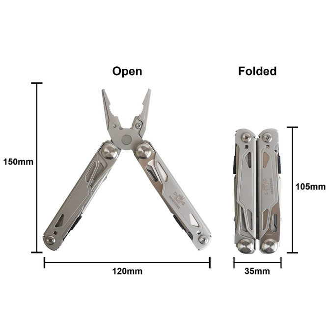 A silver multi-tool displayed open and folded, featuring pliers and various other tools. Includes dimensions for reference.