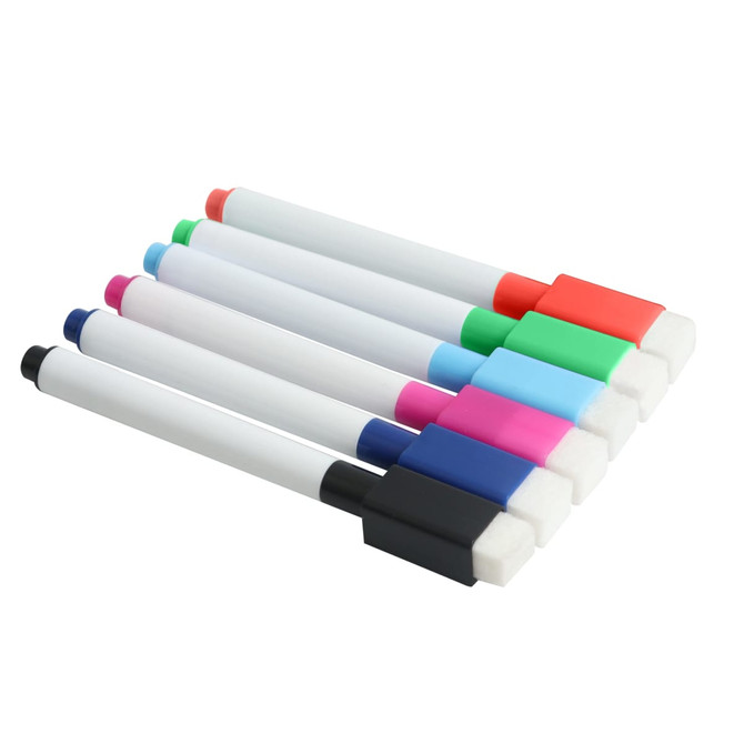 A set of six whiteboard markers in black, blue, pink, green, red, and purple, featuring chisel tips and white barrels.