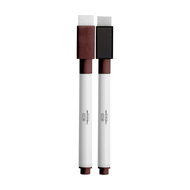 A pair of magnetic whiteboard markers, featuring a brown and white design, with flat tips for easy writing.