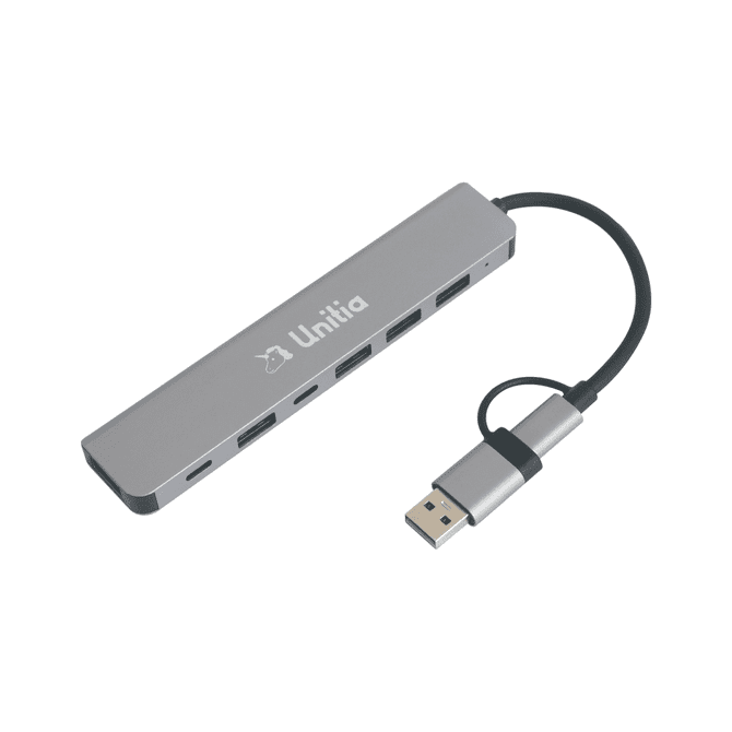 A silver 7-in-1 USB hub with multiple ports and a connected USB cable. It features a logo.