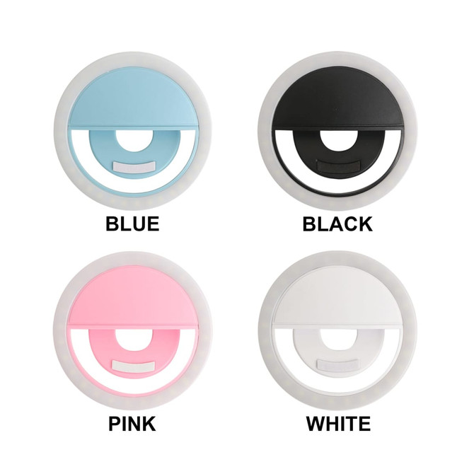 A collection of circular selfie lights in blue, black, pink, and white, each featuring a central opening and a logo.