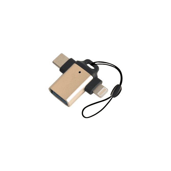 A gold USB 3.0 to USB C Lightning OTG adapter with a black tether. Compact and sleek design, suitable for technology use.