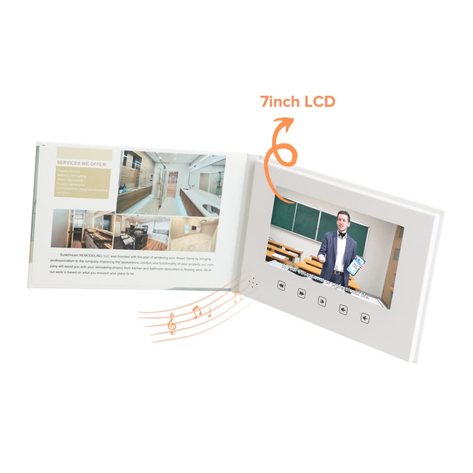 A 7-inch LCD video brochure with a white cover, featuring an interactive screen and various buttons underneath.