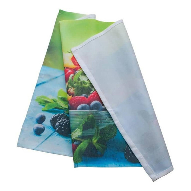 A set of custom cotton tea towels featuring vibrant fruit imagery in shades of green, blue, and red.