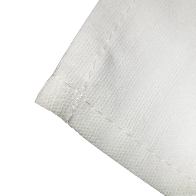 A white cotton tea towel with a stitched edge, showcasing a smooth texture and neat finish.