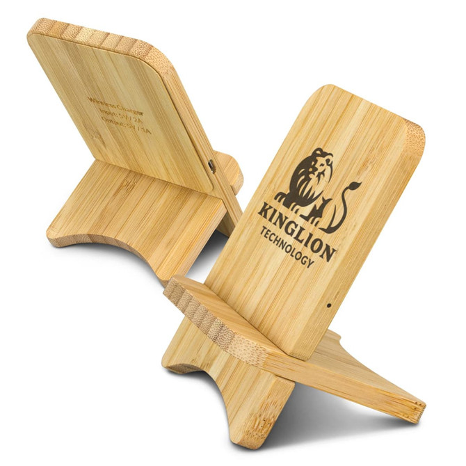 A bamboo wireless charging stand featuring a lion logo, showcasing a natural wood finish in light brown tones.
