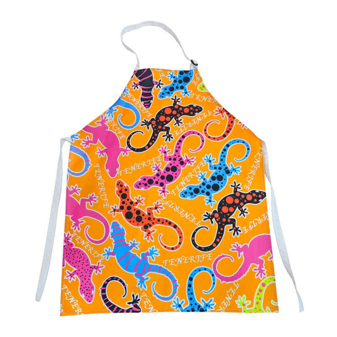 A vibrant orange polyester apron featuring colourful lizard patterns and a white neck strap. It has a logo.