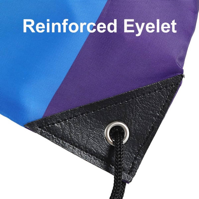 A close-up of a drawstring bag featuring a reinforced eyelet and a vibrant blue and purple design.