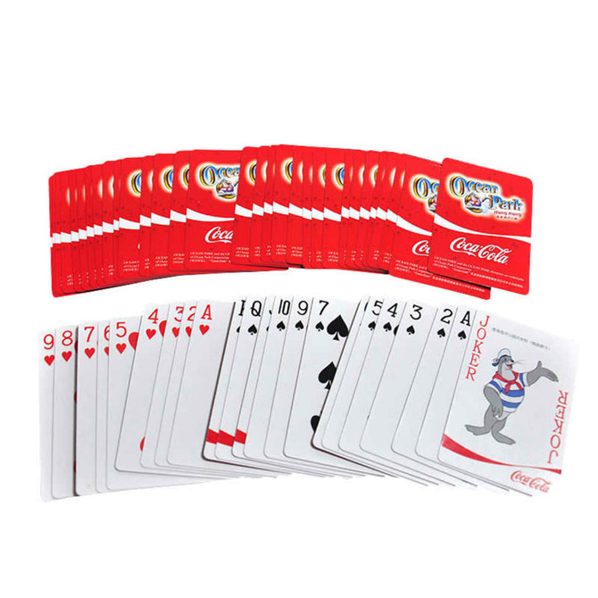 A set of playing cards featuring a red and white colour scheme with a logo and a joker card illustration.
