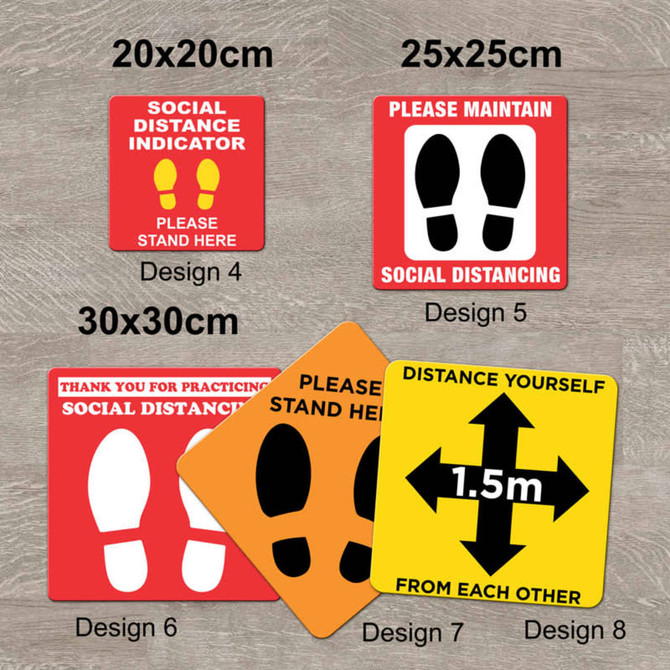 A collection of non-slip floor decals in red, orange, and yellow, featuring footprints and social distancing messages.
