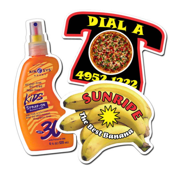 A selection of custom shape fridge magnets including a sunscreen spray bottle, a pizza phone, and a banana design.